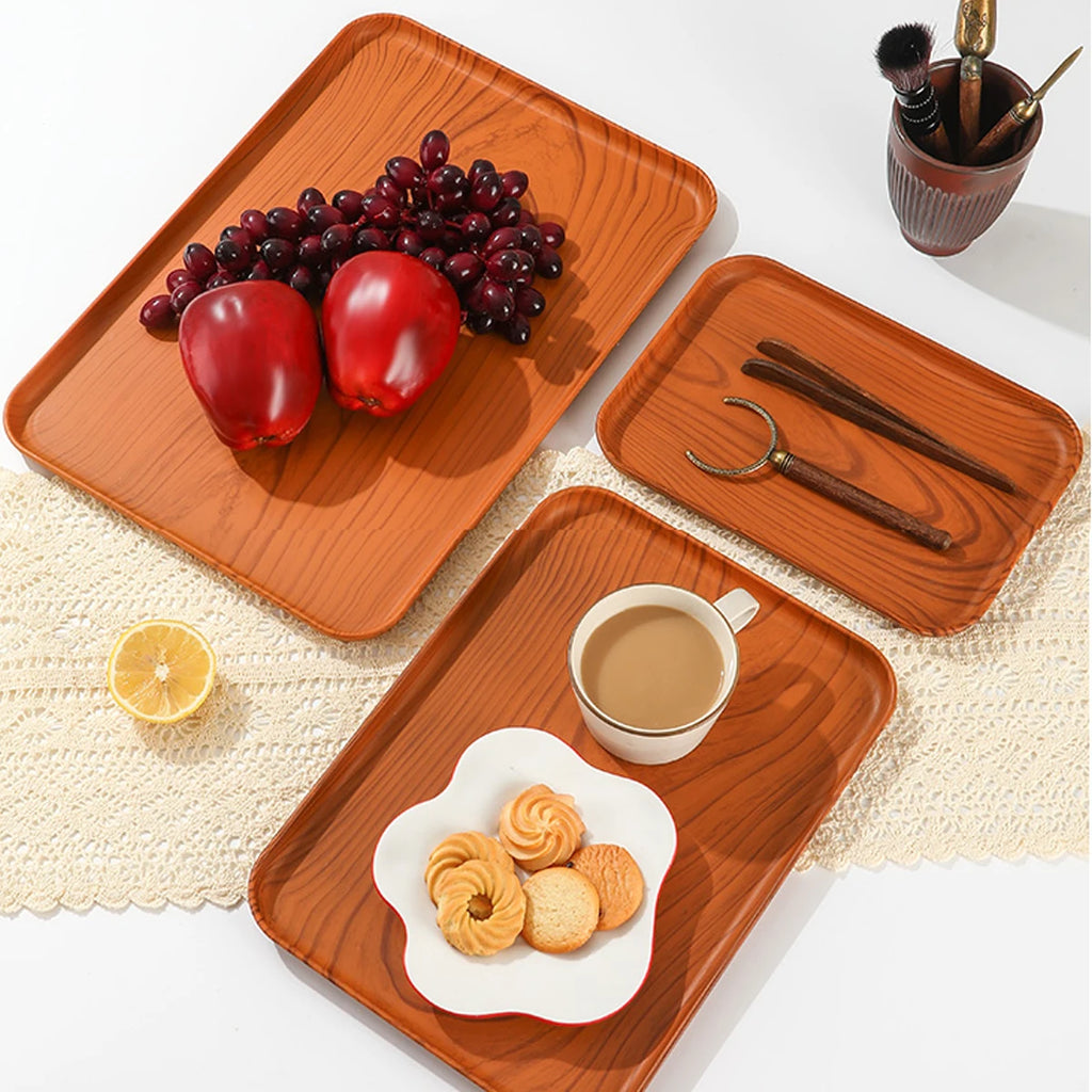 Wood Grain Plastic Stackable Food Serving Tray — Large Capacity Kitchen Organiser