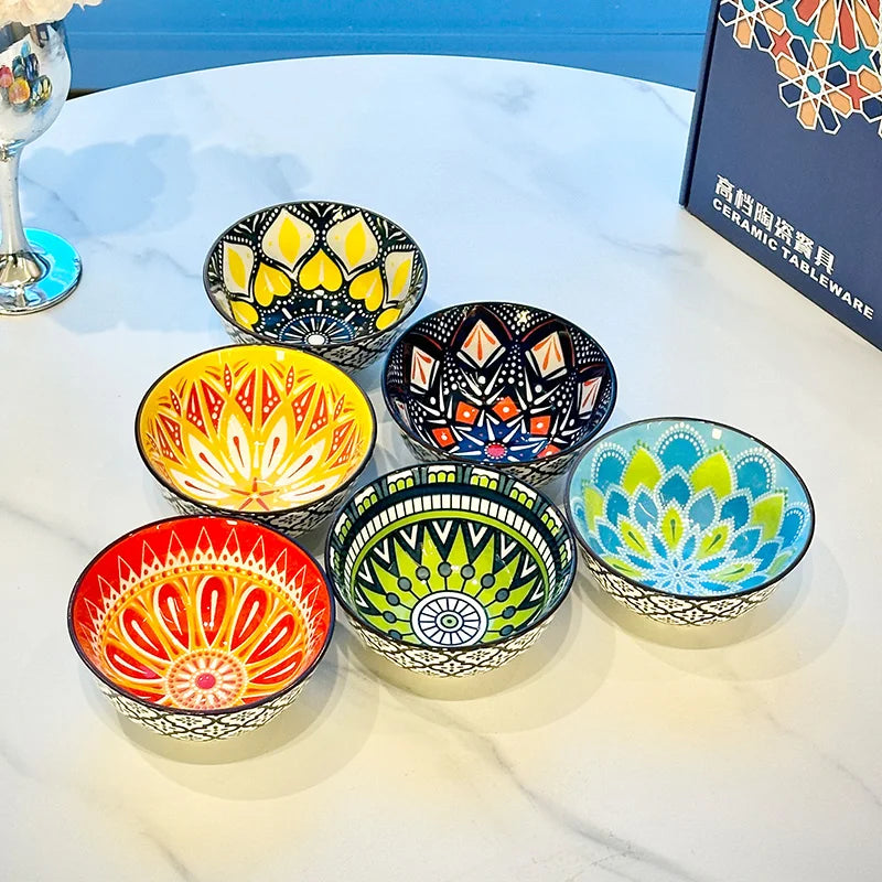 Handmade Bohemian Ceramic Bowls — Set of 6, Microwave & Dishwasher Safe