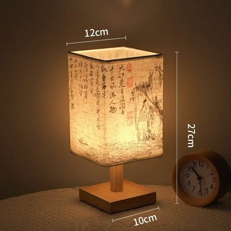 Chinese-Style Wood & Linen Bedside Lamp — Dimmable, USB Powered