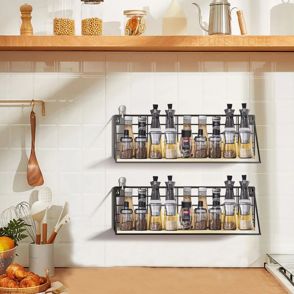 Metal & Wood Wall Spice Shelf — Kitchen Organizer, Modern Design