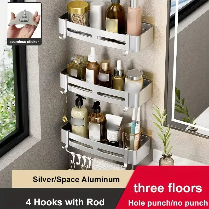 No-Drill Aluminum Corner Shower Shelf — Wall-Mounted Bathroom Organizer