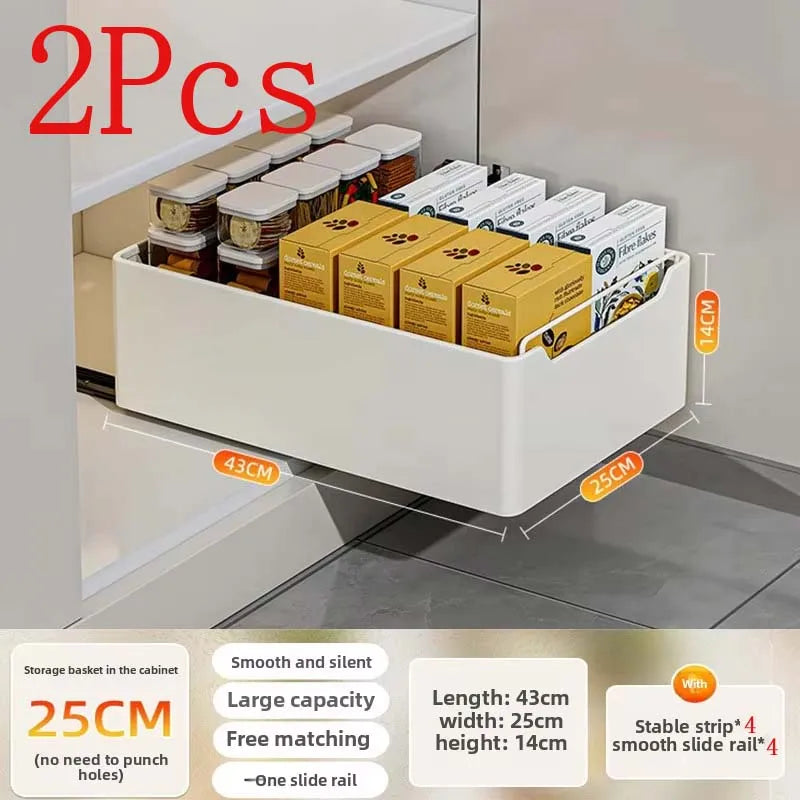 Pull-Out Cabinet Storage Rack with Slide Rails — No-Drill, Smooth & Quiet