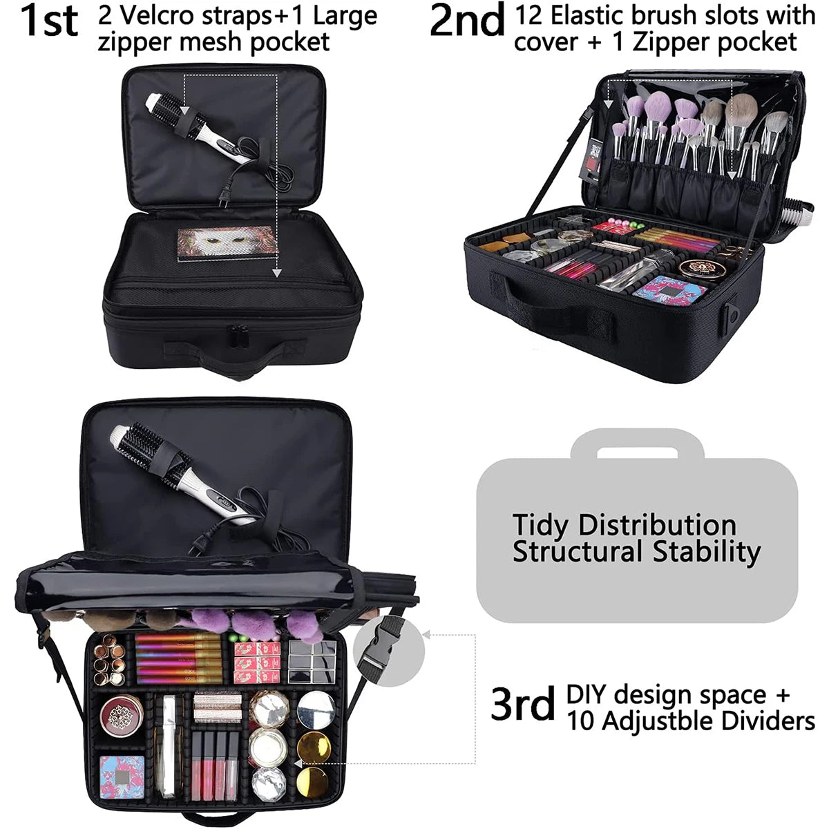 Large Capacity Travel Makeup Case — Adjustable Dividers & Shoulder Strap