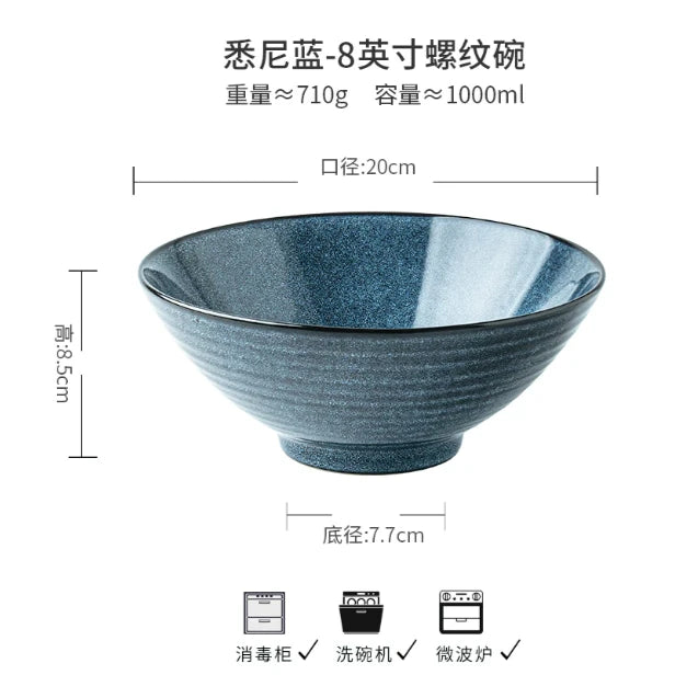 Blue Ceramic Noodle & Salad Bowl — Decorative Tableware
