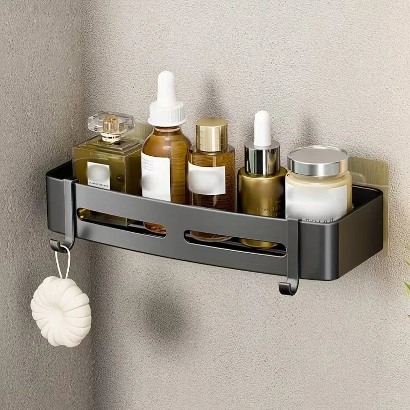 No-Drill Aluminum Corner Shower Shelf — Wall-Mounted Bathroom Organizer
