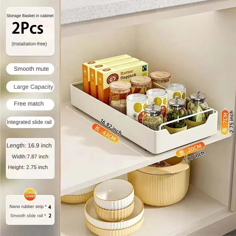Pull-Out Cabinet Storage Rack with Slide Rails — No-Drill, Smooth & Quiet