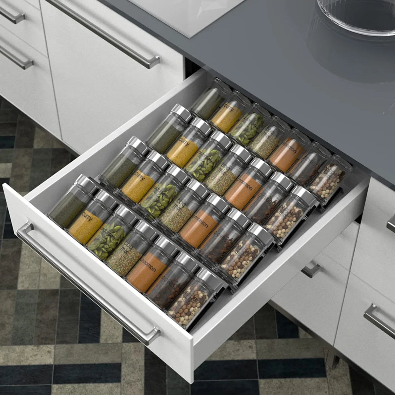 Acrylic Spice Drawer Organizer Tray — Slanted, Expandable, Clear or Black
