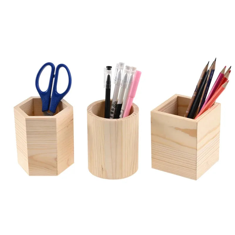 Wooden Pen & Stationery Holder — Square, Round or Hexagonal