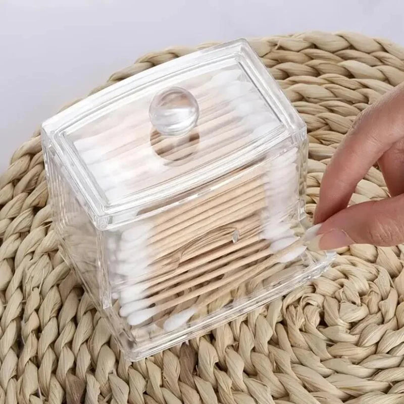 Clear Plastic Makeup Organizer Box with Lid — Cotton Swab & Pad Holder