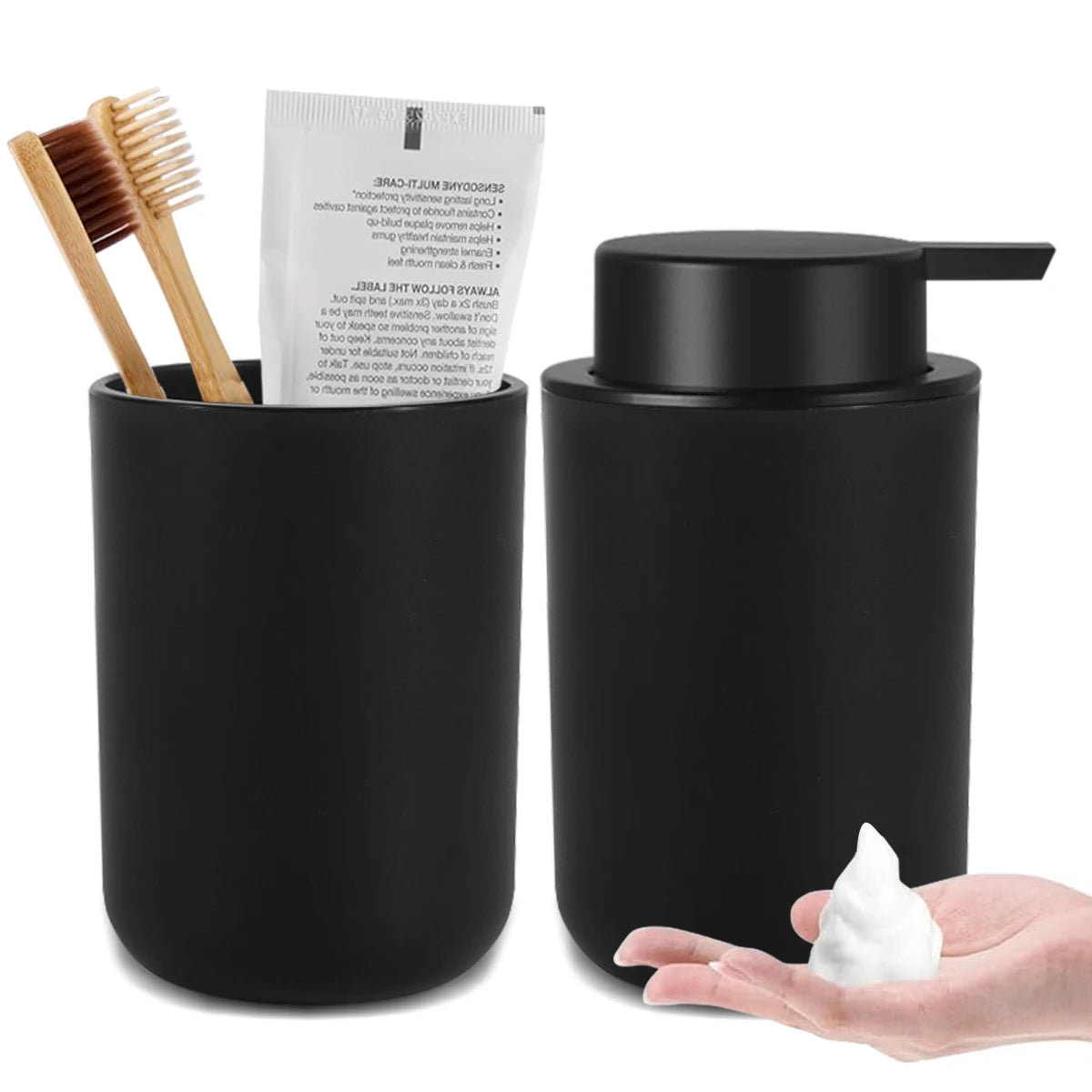 Refillable Foam Soap Dispenser with Mouthwash Cup — Plastic, Black or White