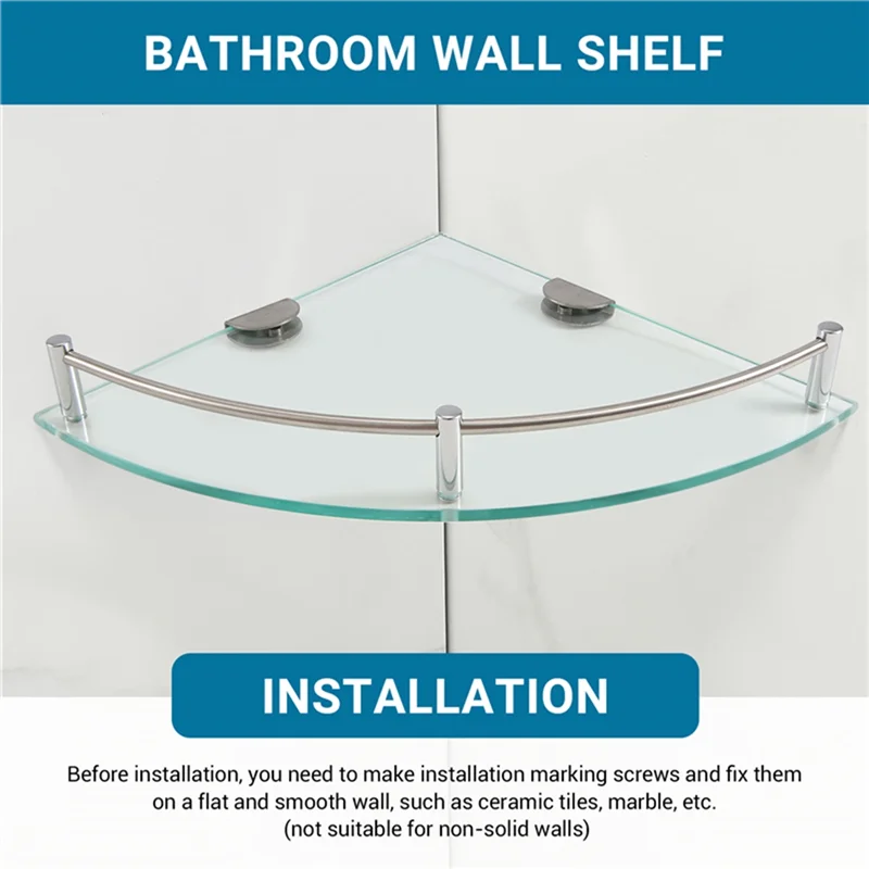 Tempered Glass Triangle Corner Shelf — Wall-Mounted Bathroom Storage, 24×24cm
