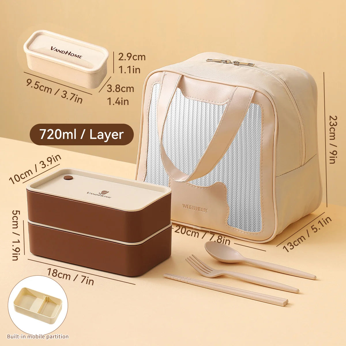 WORTHBUY Divided Bento Lunch Box — Leakproof, Microwave Safe, with Bag & Cutlery