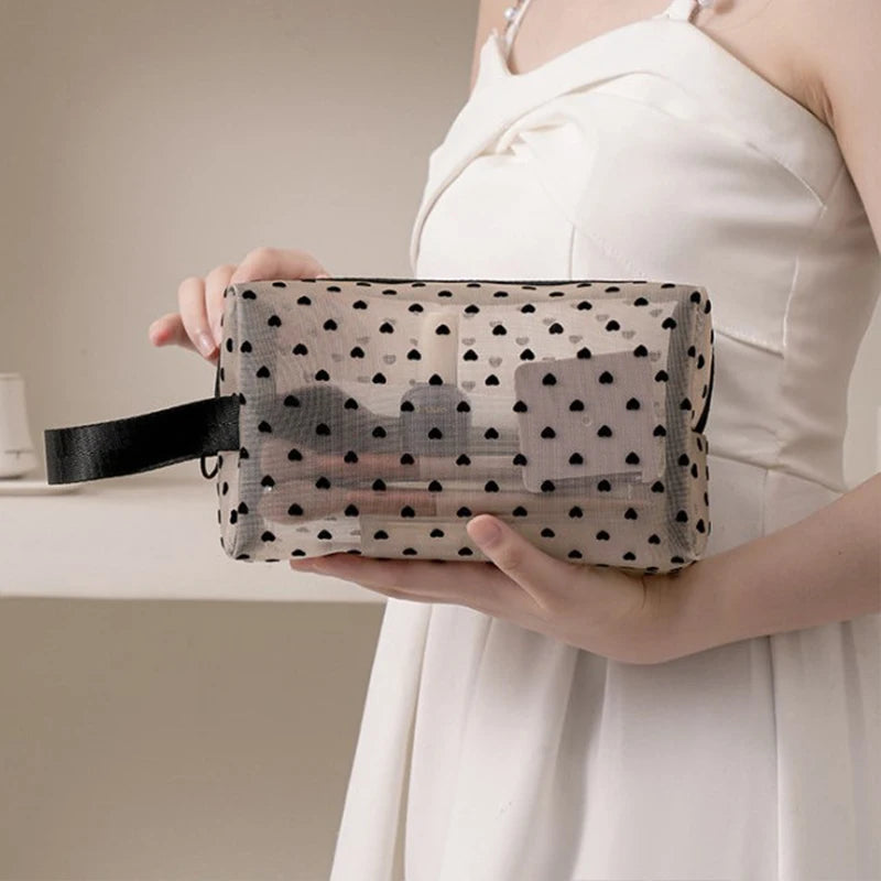 Transparent Mesh Makeup Bag — Heart Detail, Zipper Cosmetic Pouch, 12×8.5cm