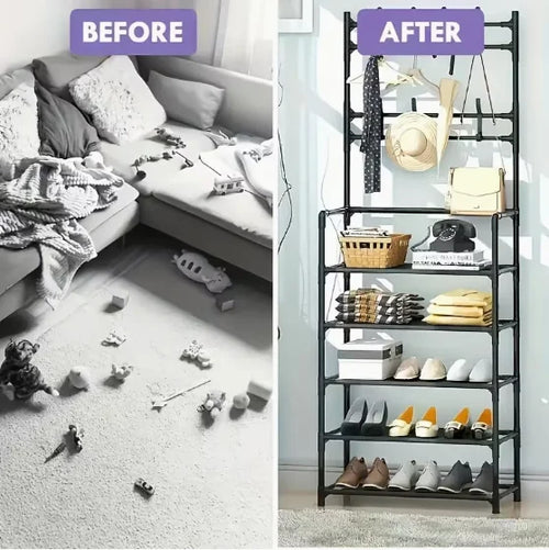 5-Tier Freestanding Coat & Shoe Rack — Double Row