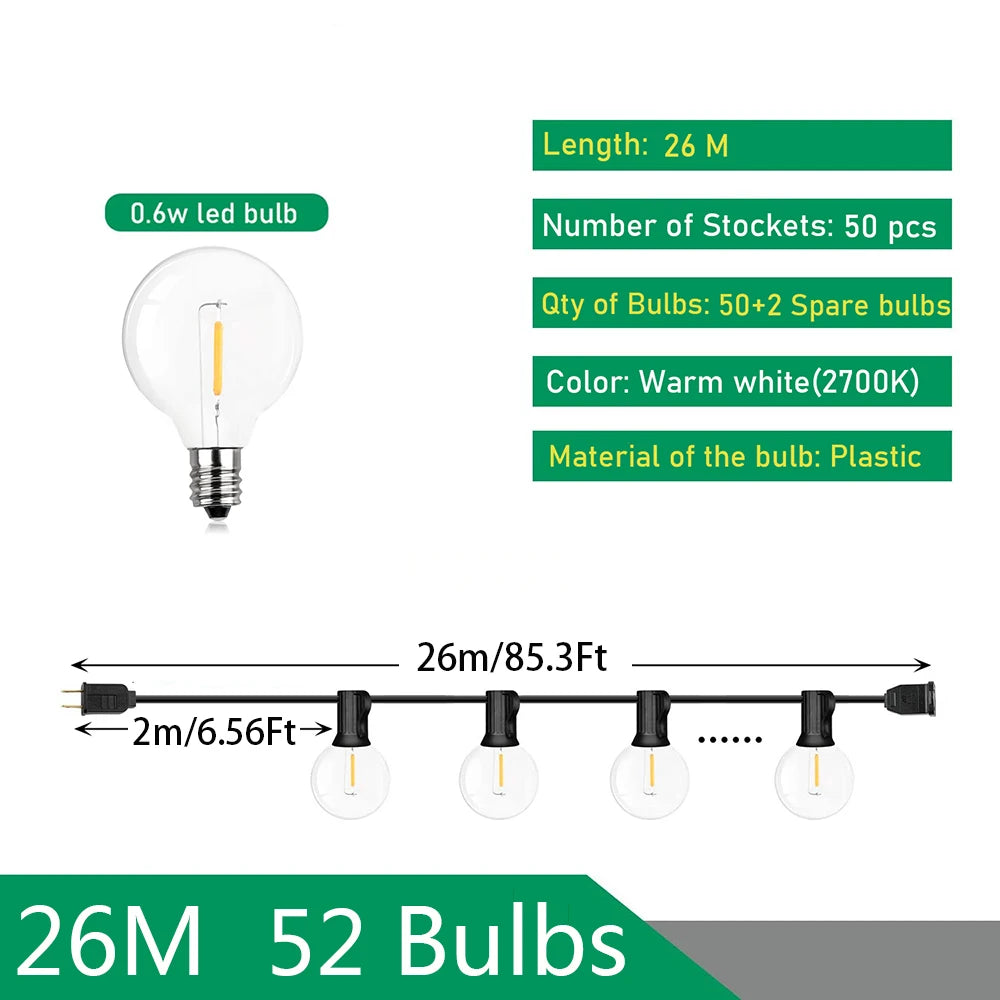 G40 Globe Festoon Outdoor String Lights — Warm White, Dimmable