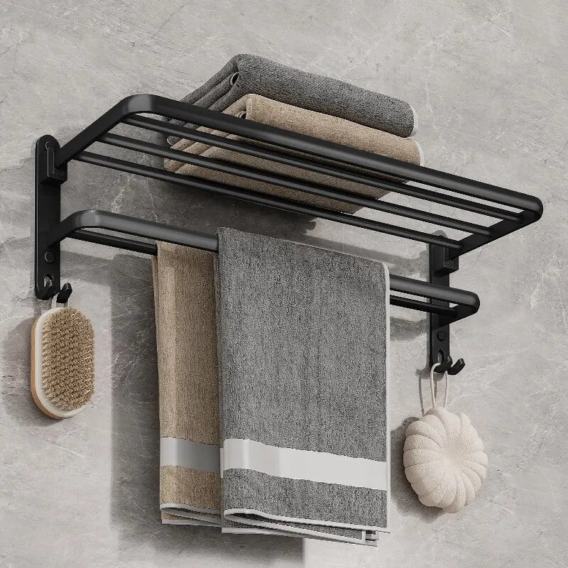 Matte Black Folding Towel Rack with Hook — Double Bar, Space Aluminum, 49×21cm