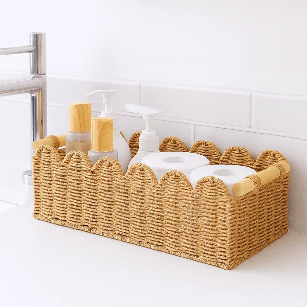 Handwoven Paper Rope Storage Basket — Scalloped Edge, Toilet Paper & Decor