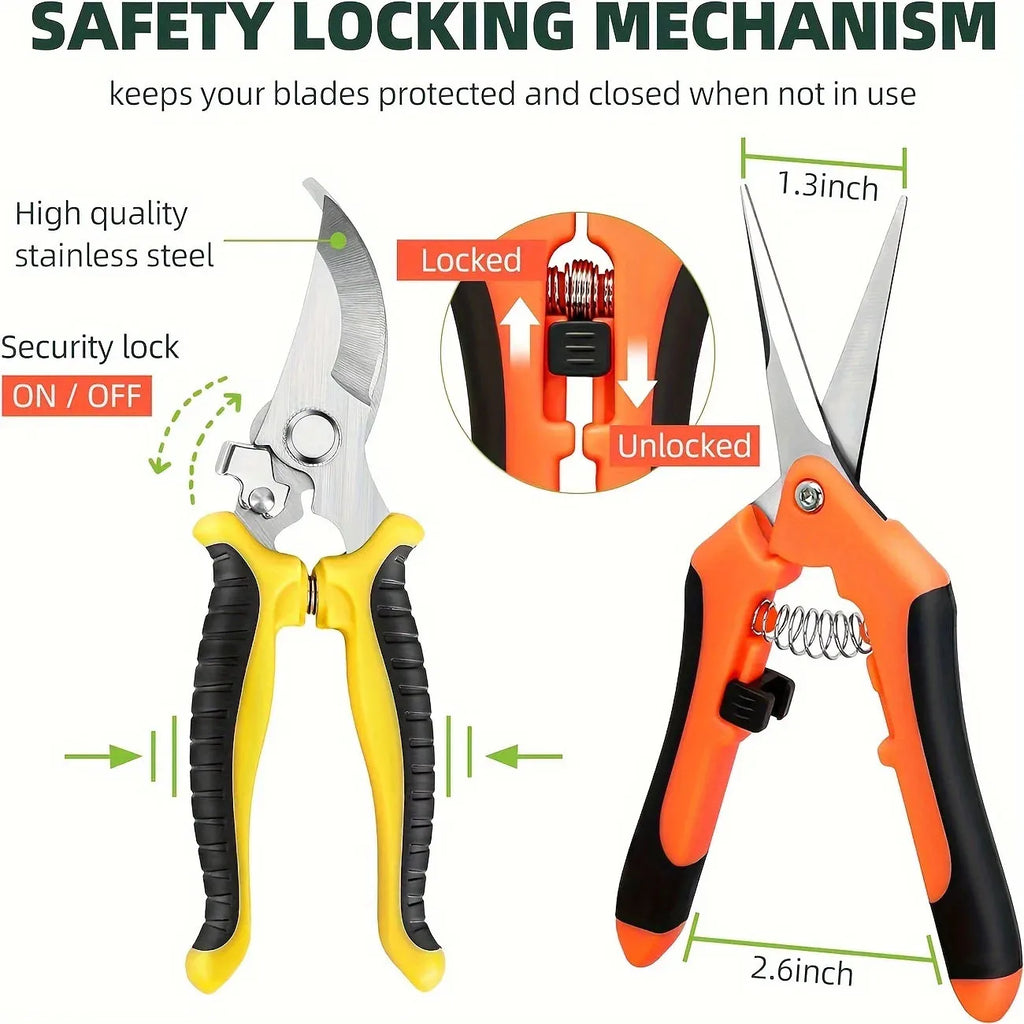 3-Piece Gardening Scissors Set – Ergonomic Non-Slip Pruning Shears with Safety Lock for Beginners
