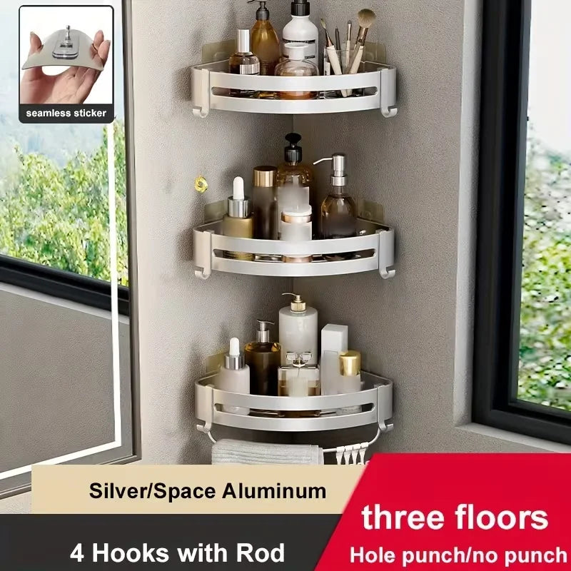 No-Drill Aluminum Corner Shower Shelf — Wall-Mounted Bathroom Organizer