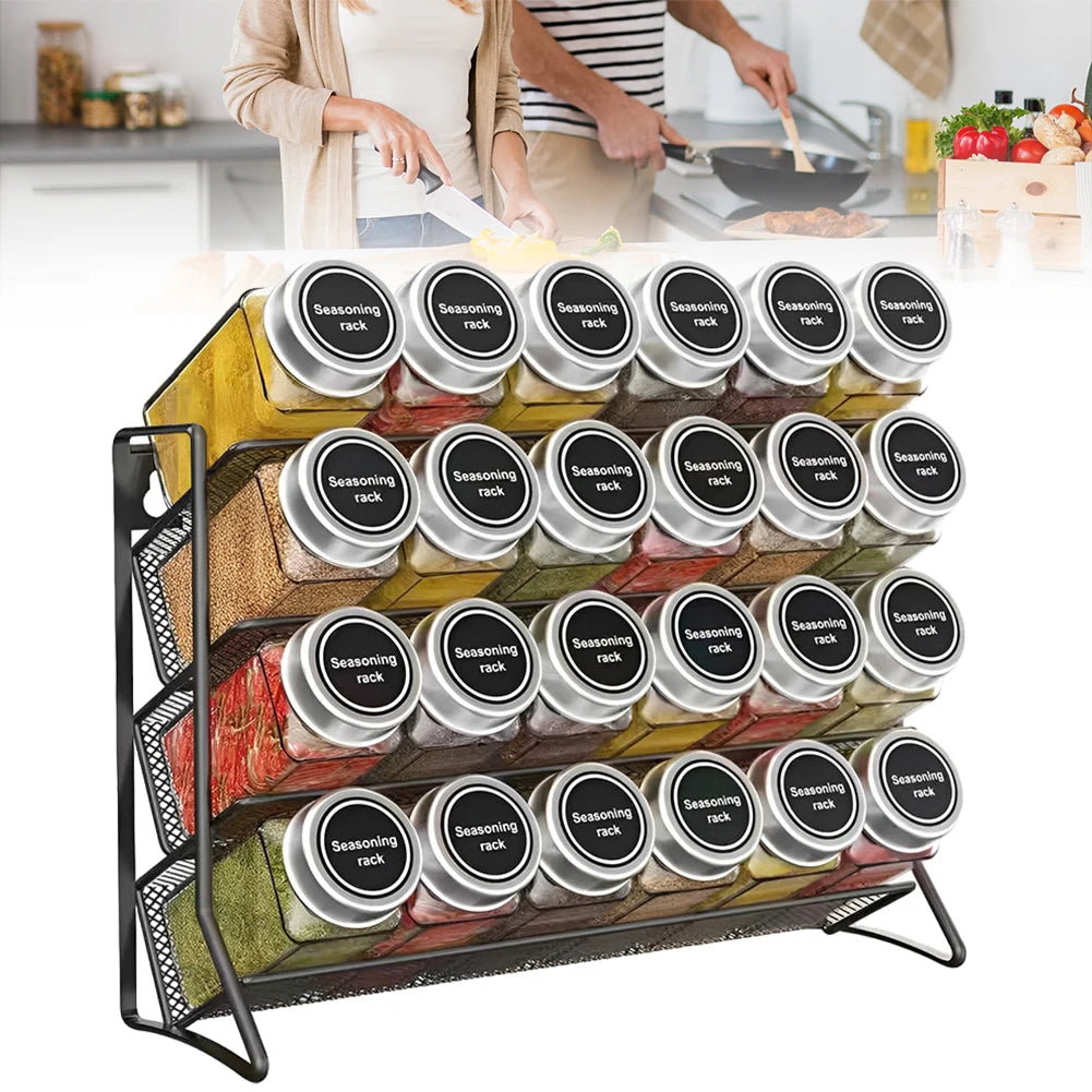 4-Tier Carbon Steel Spice Rack — Desktop or Wall-Mount, No-Drill