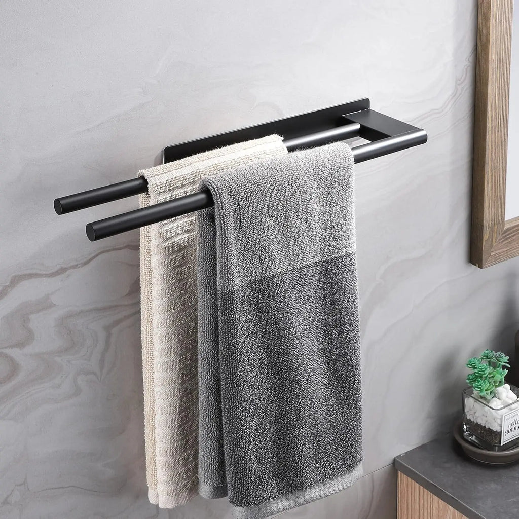Matte Black Double Towel Bar — No-Drill Adhesive, Stainless Steel, Bathroom & Kitchen