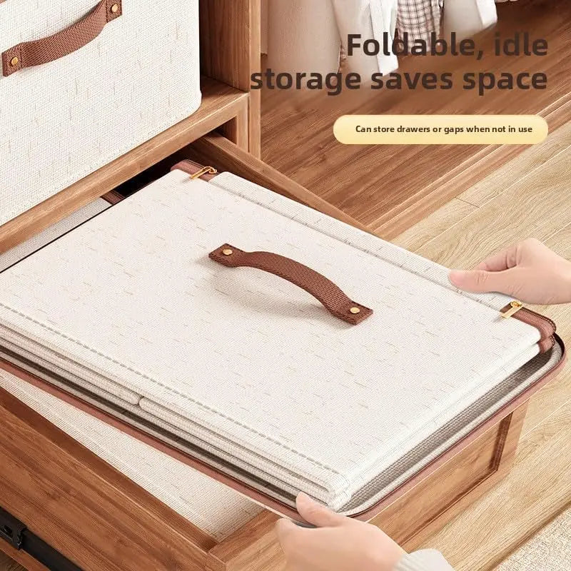 Zipped Cotton Linen Storage Box with Leather Handle
