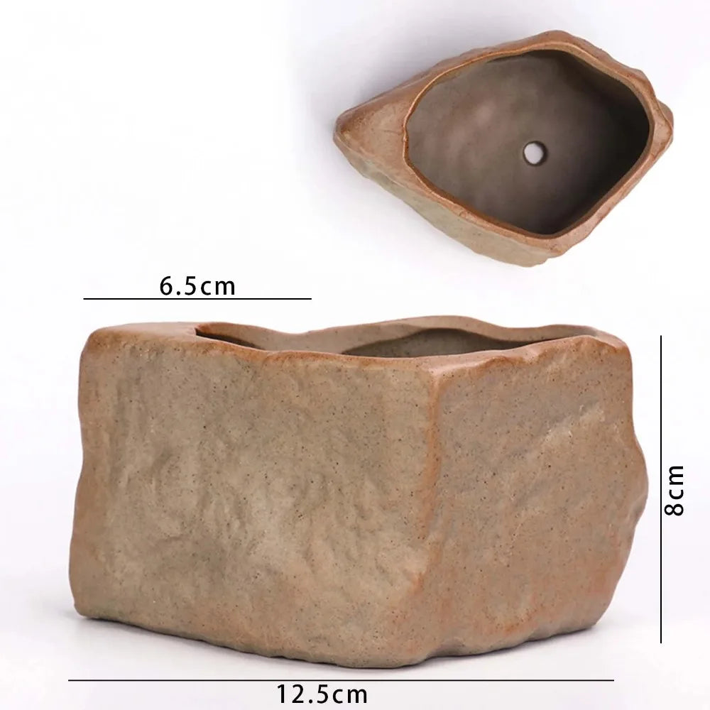 Stone Shape Ceramic Succulent Pot – Nordic Style Planter with Drainage Hole