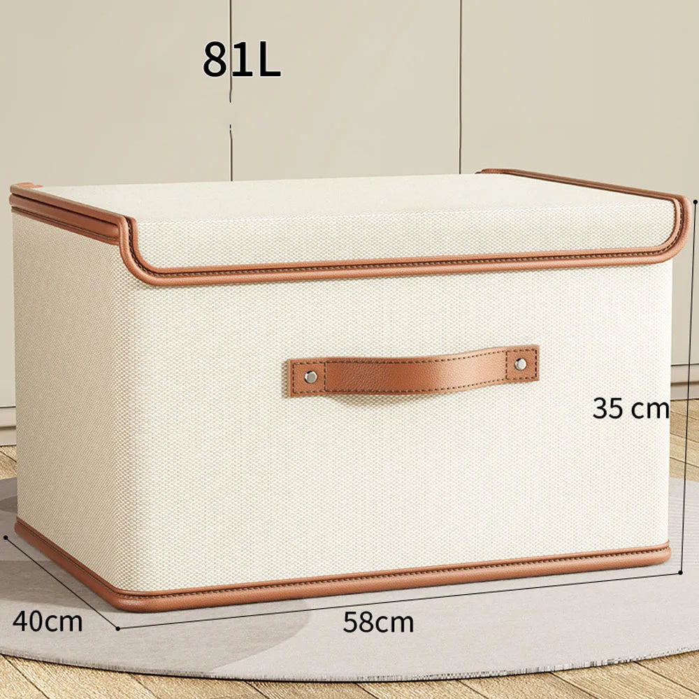 Zipped Cotton Linen Storage Box with Leather Handle