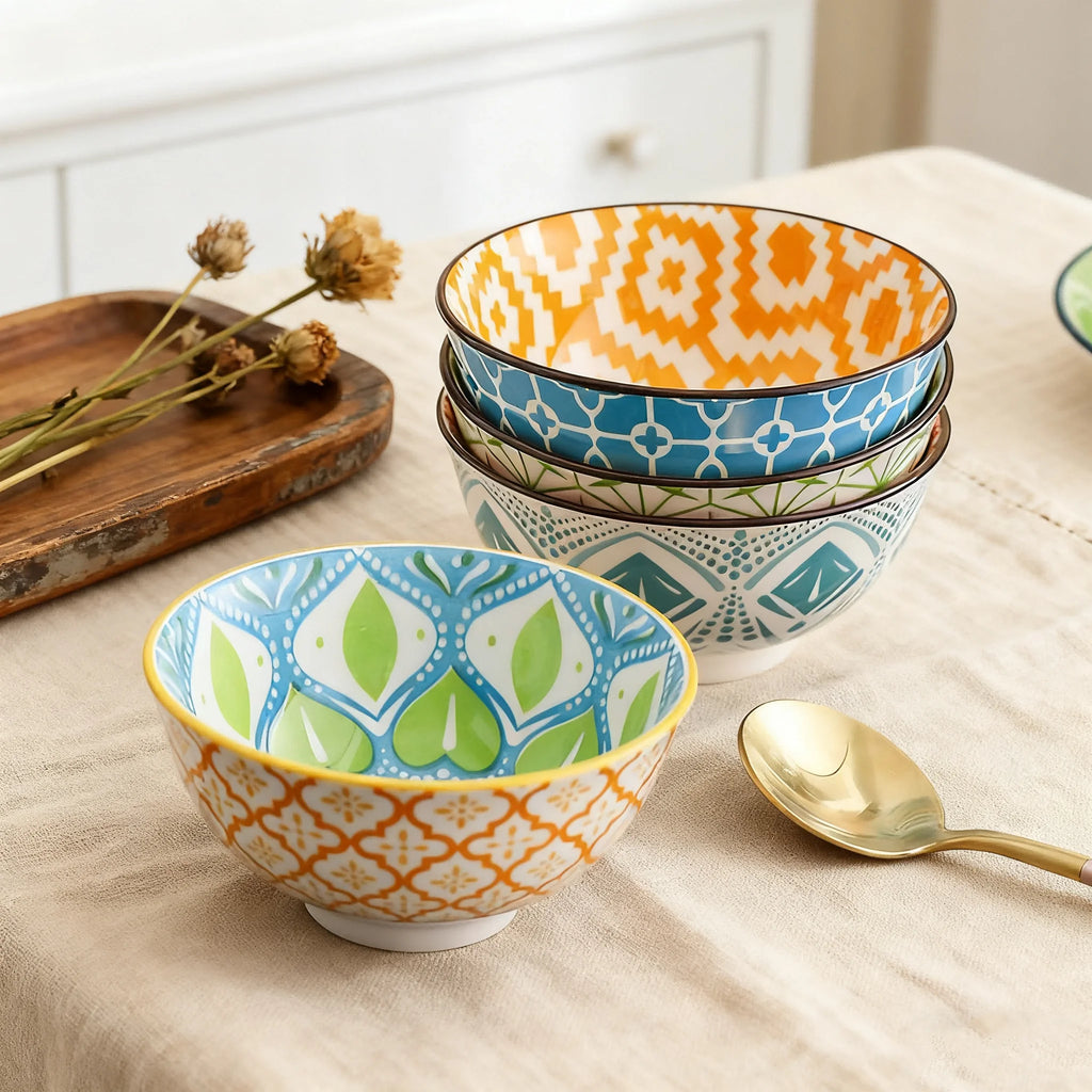 Bohemian Ceramic Bowl Set — 4 Pieces, Microwave & Dishwasher Safe