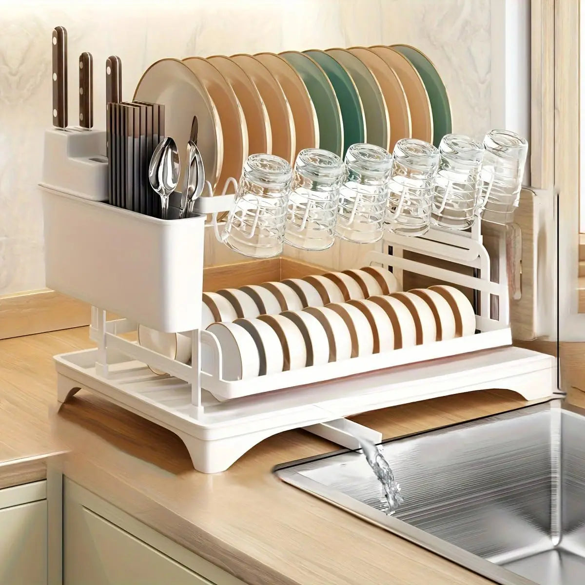2-Tier Dish Drying Rack with Drainboard — Self-Draining, Rustproof