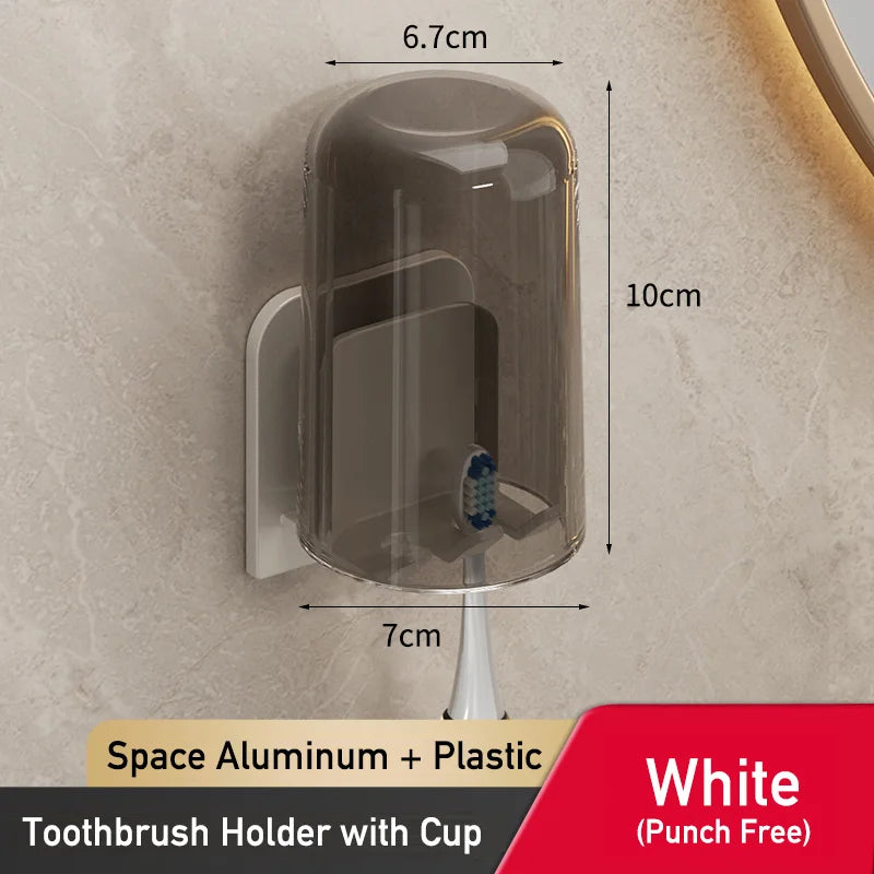 Space Aluminum Toothbrush & Cup Holder — No-Drill Wall Mount, Dual Slot