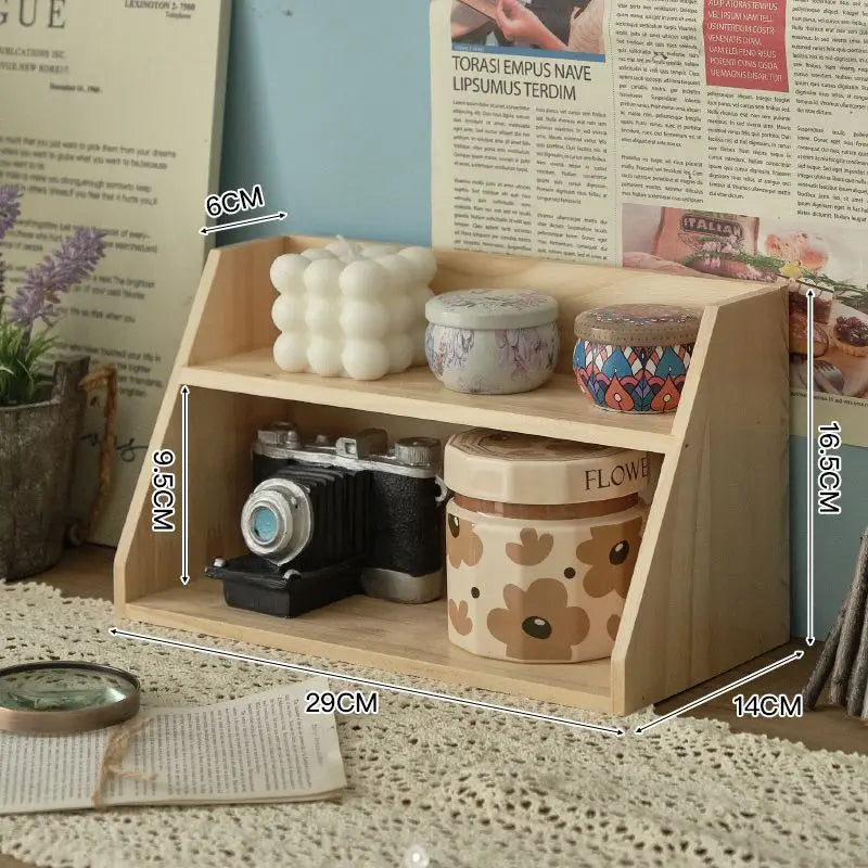 Solid Wood Retro Desktop Organizer — Multi-Layer Storage Rack