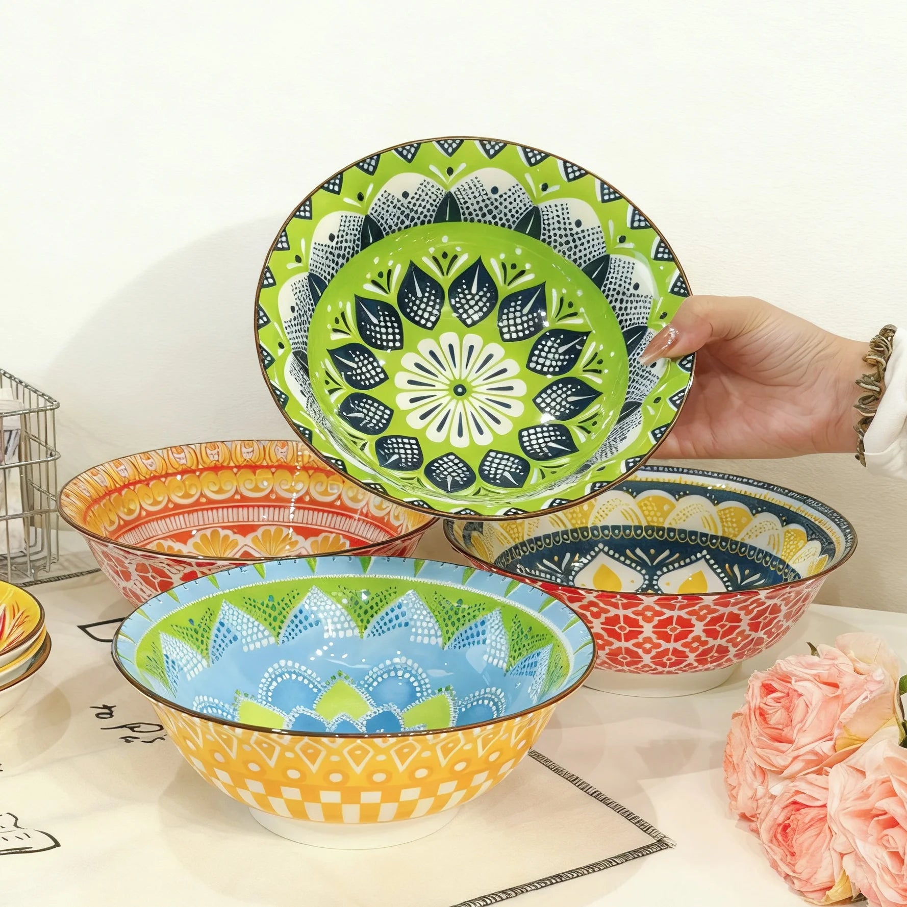 Bohemian Ceramic Soup Bowl — Microwave & Dishwasher Safe, Set of 1 or 4