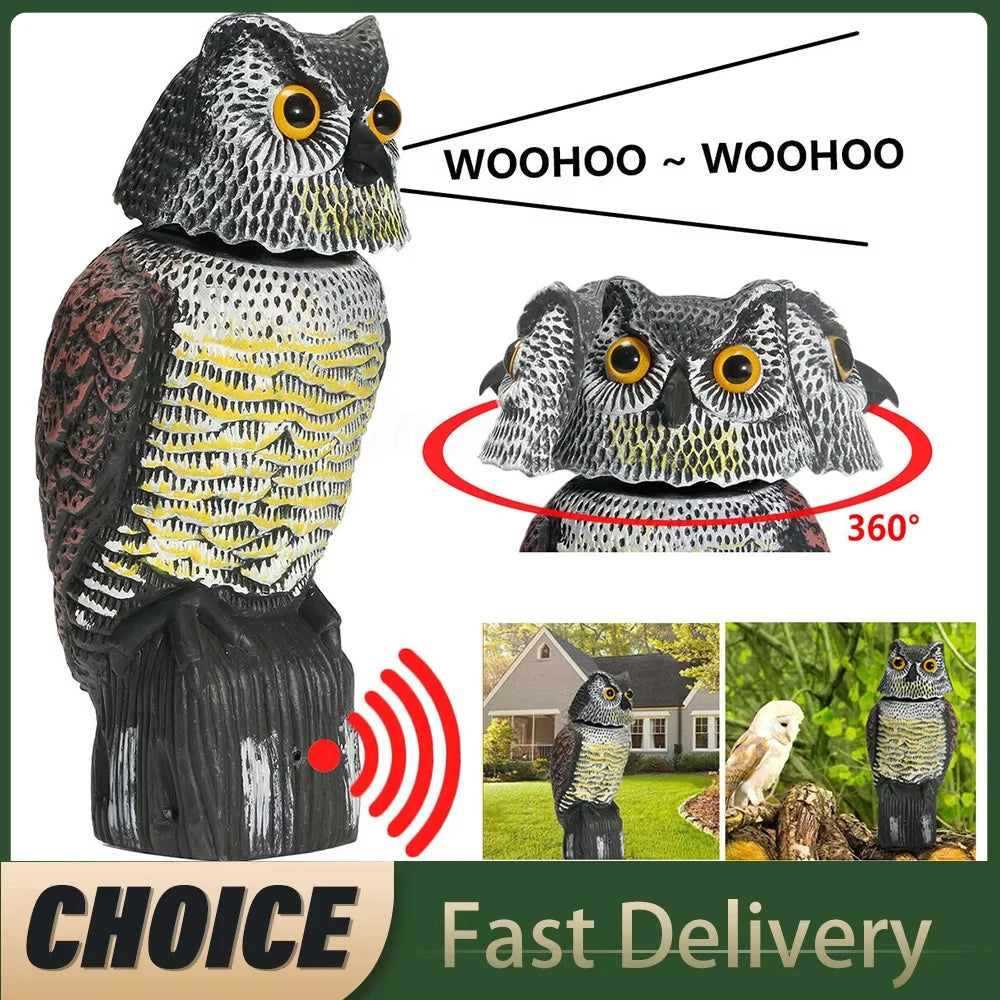 Realistic Owl Decoy Scarecrow — Rotating Head & Sound, Garden Bird Repellent