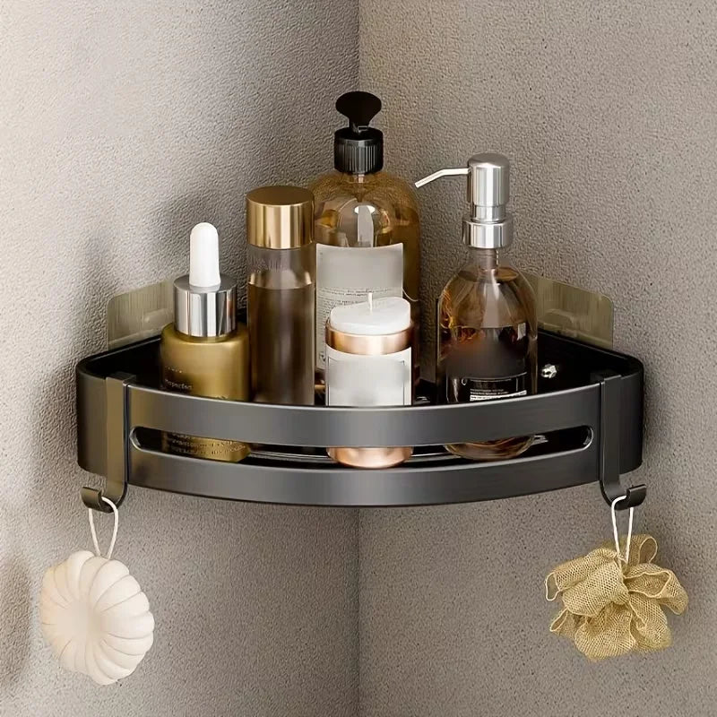 No-Drill Aluminum Corner Shower Shelf — Wall-Mounted Bathroom Organizer