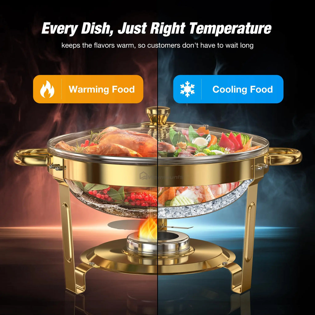 Chafing Dish Buffet Warmer Set — Gold-Plated, Glass Lid, Set of 2 or 4