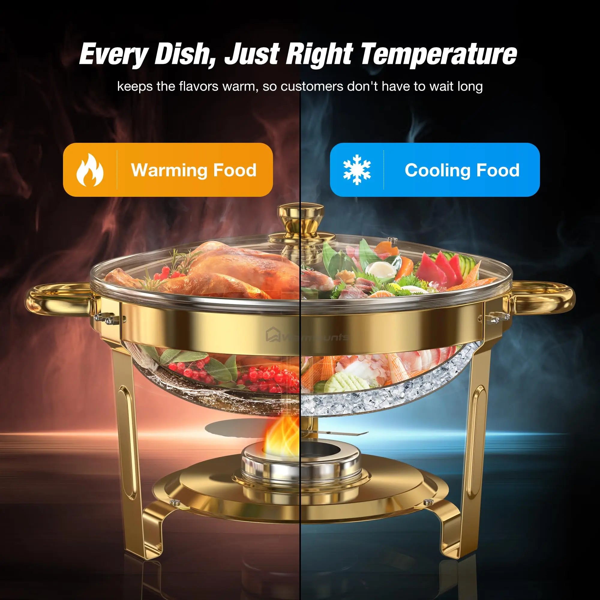 Chafing Dish Buffet Warmer Set — Gold-Plated, Glass Lid, Set of 2 or 4