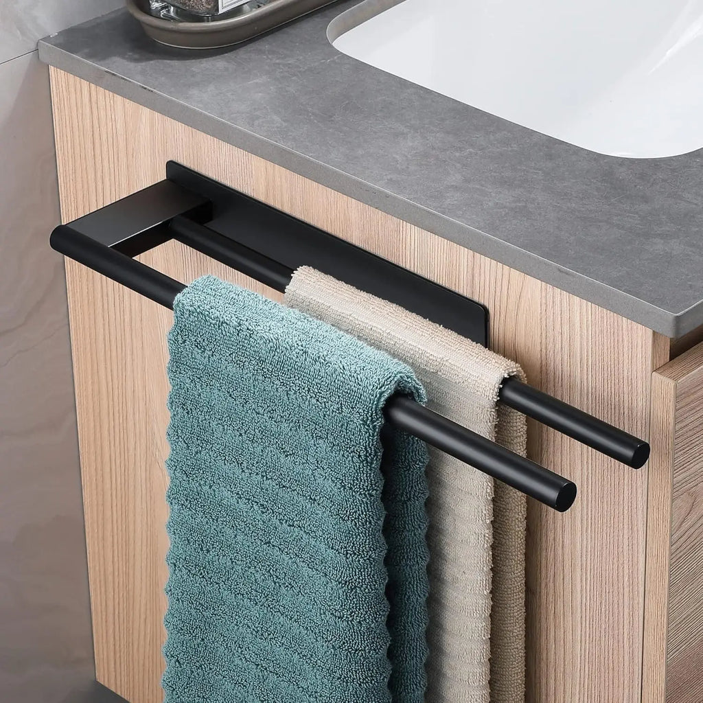 Matte Black Double Towel Bar — No-Drill Adhesive, Stainless Steel, Bathroom & Kitchen