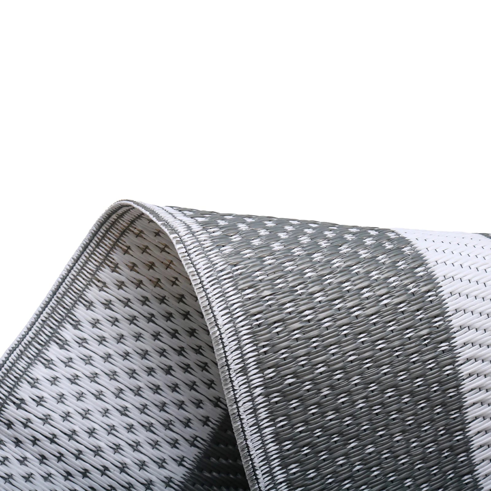 PP Outdoor Mat 6×9ft – Gray & White Grid with Ground Pegs for Patio & Camping