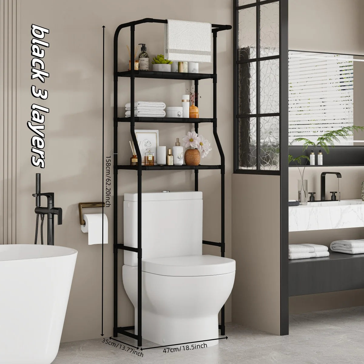 Over-Toilet 3-Tier Storage Shelf with Towel Rack — Freestanding Bathroom Organizer