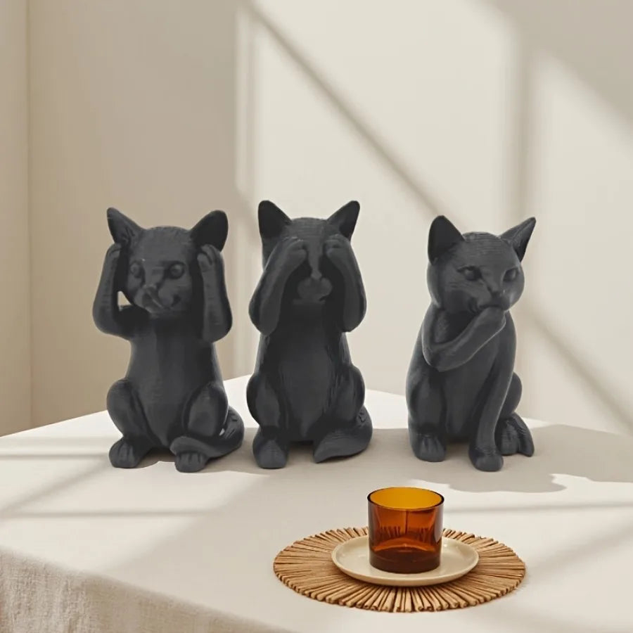 Three Wise Cats Minimalist Sculpture Set — See, Hear & Speak No Evil