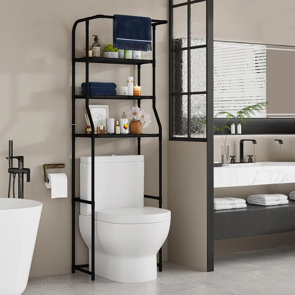 Over-Toilet 3-Tier Storage Shelf with Towel Rack — Freestanding Bathroom Organizer