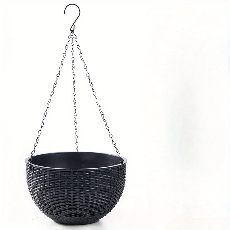 Elegant Polypropylene Self-Watering Hanging Planters with Rattan Design - Easy Drain Plug for Efficient Watering