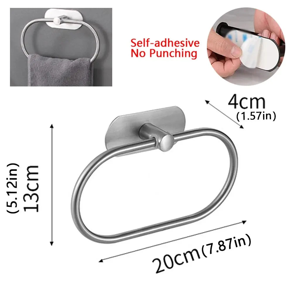 304 Stainless Steel Towel Ring — No-Drill, 180° Rotatable, 20×13cm