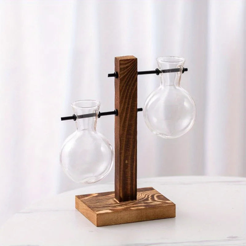 Vintage Bulb Glass Hydroponic Vase with Wooden Stand — Desktop Plant Terrarium