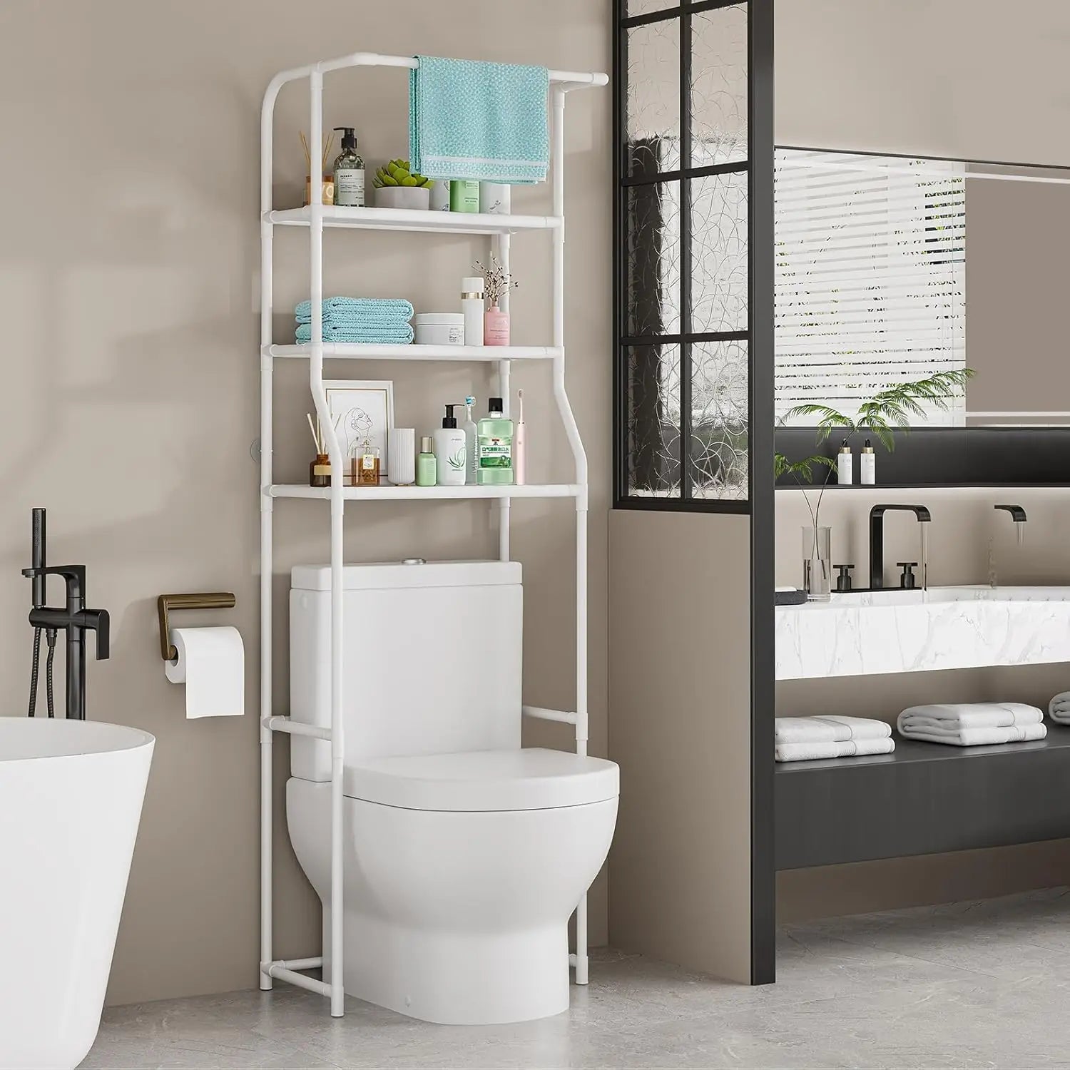 Over-Toilet 3-Tier Storage Shelf with Towel Rack — Freestanding Bathroom Organizer