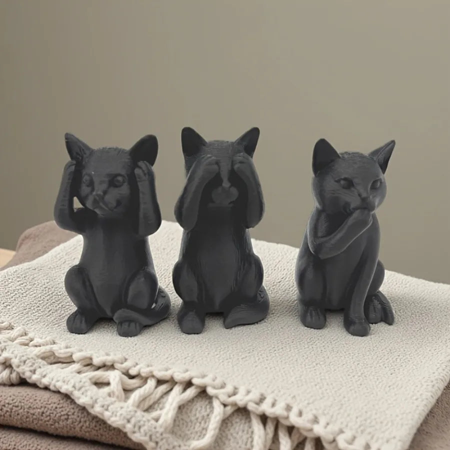 Three Wise Cats Minimalist Sculpture Set — See, Hear & Speak No Evil