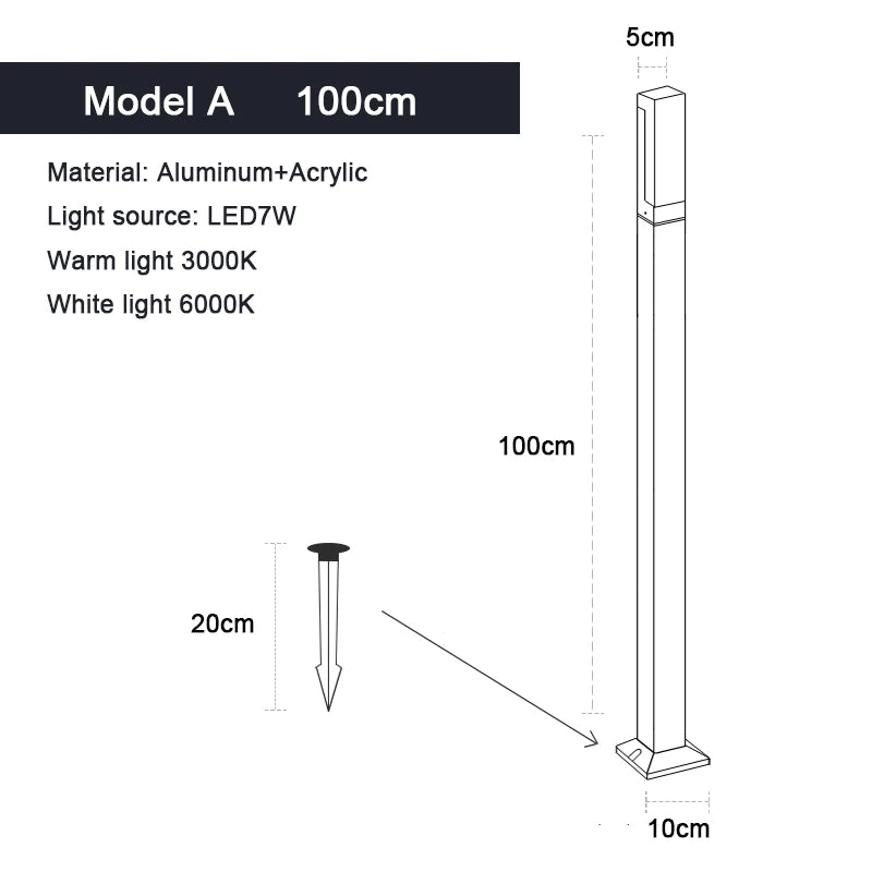 IP65 LED Lawn Light – 7W Aluminum & Acrylic Garden Post Lamp 30–100cm