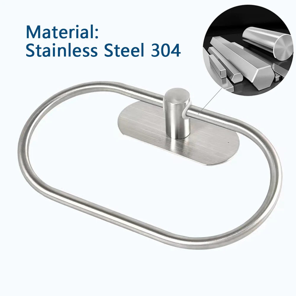 304 Stainless Steel Towel Ring — No-Drill, 180° Rotatable, 20×13cm