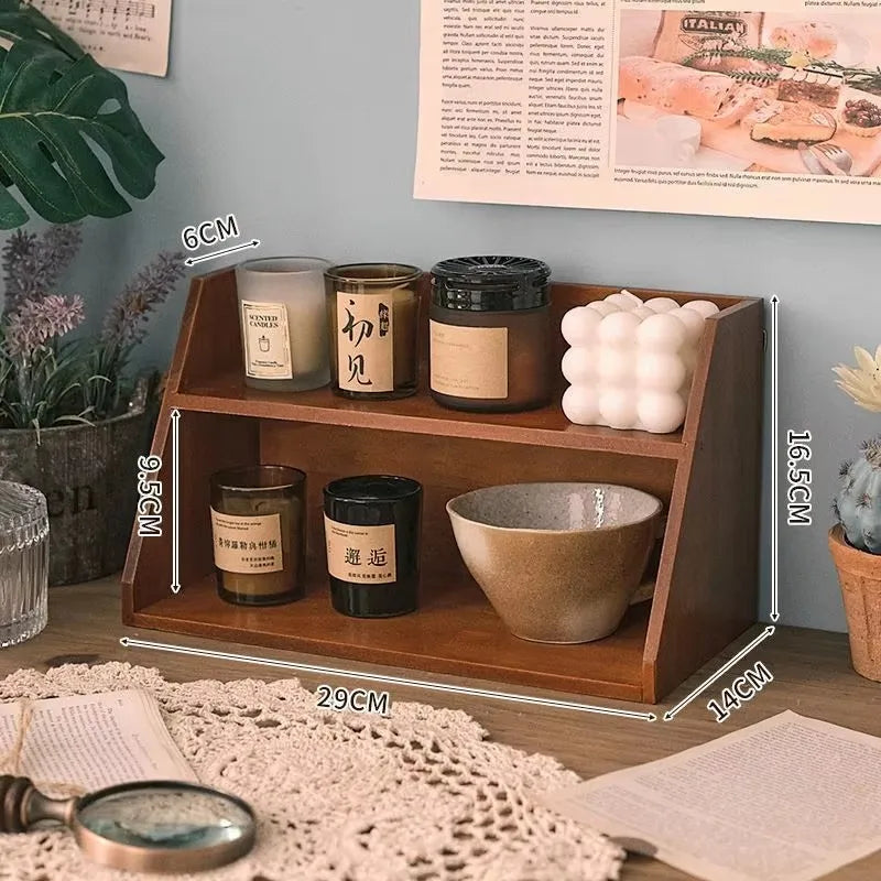 Solid Wood Retro Desktop Organizer — Multi-Layer Storage Rack